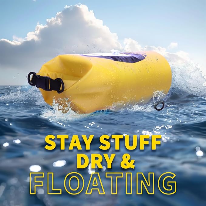 FELICON Waterproof Dry Bag Backpack with Bluetooth Speaker, 20L Roll Top Floating Sack, Solar & USB-C Powered Emergency Charger, RGB Light, Heavy Duty PVC for Kayaking Camping, Yellow