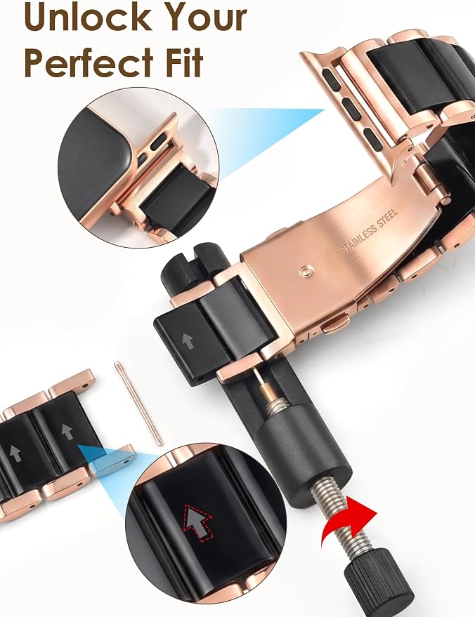 V.R.HOPE Apple Watch Band for Women 38mm 40mm 41mm 42mm Fashion Rose Gold Stainless Steel Metal Strap with Resin Inlay, Fashion Bracelet Compatible with iWatch Series 11/10/9/8/7/6/5/4/3/2/1/SE (Black+Rose Gold)