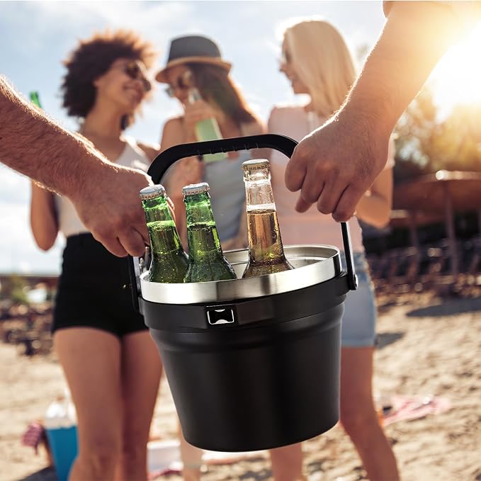 COKTIK 7L Insulated Ice Bucket with Lid，Double Wall Vacuum Stainless Steel Beverage Bucket Keeps Frozen Longer，Holds 6 Longnecks or 3 Bottles of Wine，for Cocktail, Champagne(No Accessories, Black)
