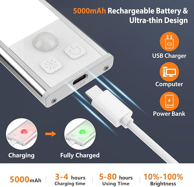 60cm Ultra Thin Under Cabinet Lights, 106 LED 5000mAh Motion Sensor Lights Indoor, 3 Color Stepless Dimming Rechargeable LED Lights for Cupboard, Kitchen