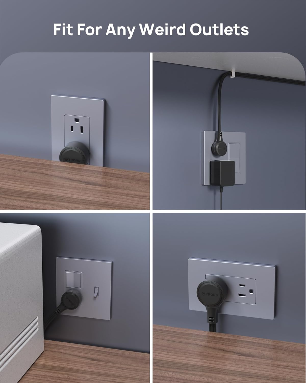 TROND 360° Rotating Flat Plug Extension Cord 15ft, Low Profile Small Power Strip, 3 Side Grounded Outlet, 13A, SPT 16/3 Gauge Cable for Indoor Home Office Kitchen Cruise Travel Essentials, Black