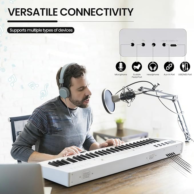 Carina 88 Key Piano Keyboard with Semi-Weighted Keys Portable Piano, 128 Tones, Speakers, USB-MIDI, Carry-Bag, Sustain Pedal, Electric Keyboard Piano for Beginners, (White)