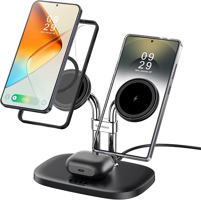 Dual Magnetic Charger for Samsung S26 Ultra, Dual Phone Charger for Samsung Galaxy S26/S25/S24/S23 Series, for iPhone 17/16/15/14 Series, for Galaxy Buds 4 Pro/4/3 Pro/3, SwanScout 706SM