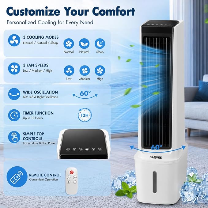 White and Black Portable Air Conditioner Fan, Evaporative Air Cooler with Remote Control, 3 Fan Speeds, 1600ml Water Tank, 2/4/8 Hour Timer, Adjustable Airflow, for Bedroom Office Desk