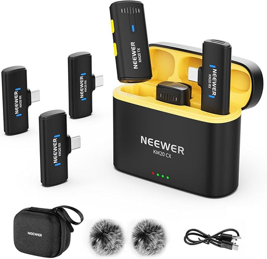NEEWER Wireless Lavalier Microphone System for iPhone, Mini Clip on Lapel Mic Set with 2 USB C Transmitters/4 Receivers/OTG Adapter Compatible with iPhone Android Phone Computer Tablet, Black, KM20