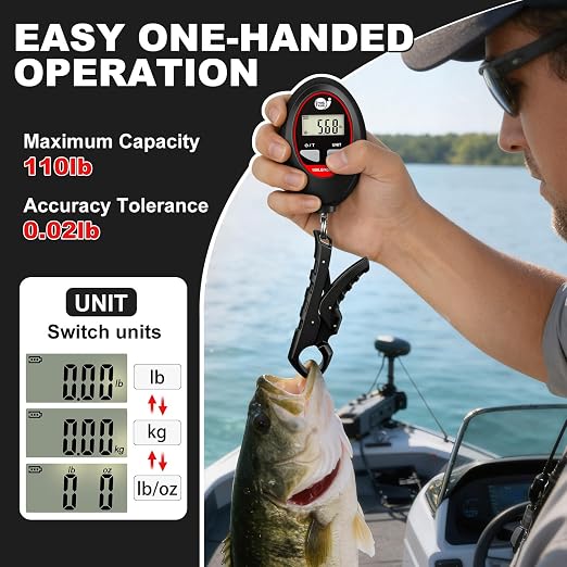SNAIL TRAIL 100 lbs Digital Fishing Weight Scale & 4.6'' Fish Lip Gripper, LCD Display, Multi-Unit (LB, KG, LB:OZ), Portable Electric Tournament Bass Weigher for Anglers