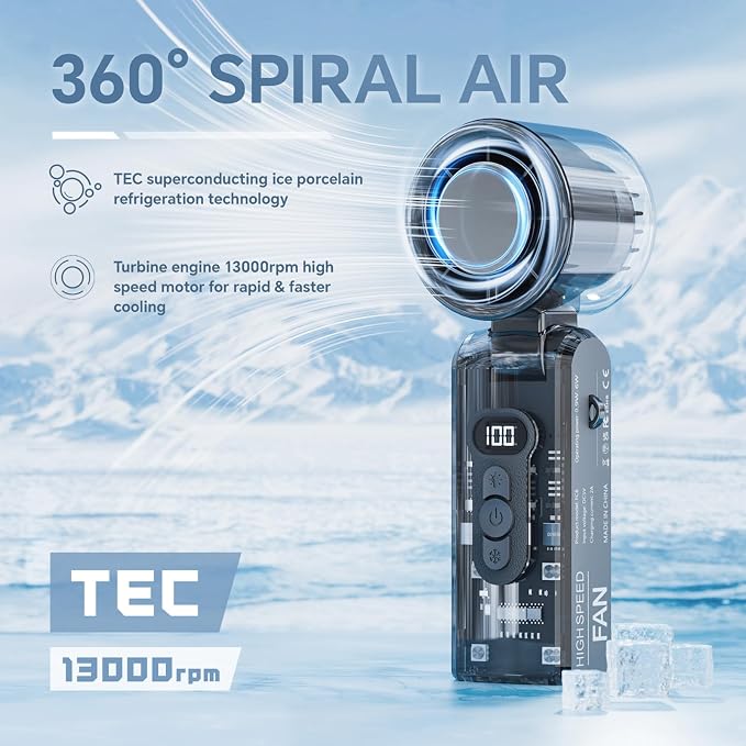 USB-C Rechargeable Cooling Handheld Fan, Portable Mini Turbo Fan with LED Flashlight & Cold Touch Plate, Foldable with Lanyard for Travel, Office Desk, Personal Quiet Cooling, Indoor/Outdoor Use