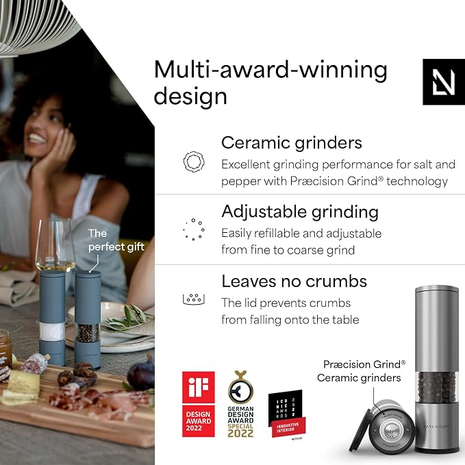 LARS NYSØM Salt and Pepper Grinder Set Manual, Stainless Steel Salt and Pepper Mills with Adjustable Ceramic Grinder I Design Spice Shakers (Stainless Steel)