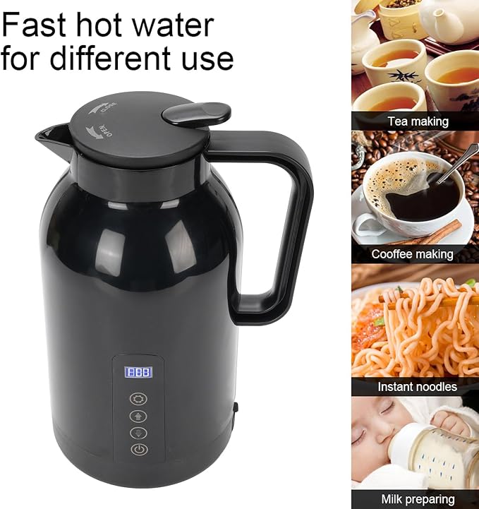 Car Kettle, 1300ml Stainless Steel Leak Proof Travel Electric Hot Water Boiler with LCD Display for Drivers Business Travelers, 12V 24V