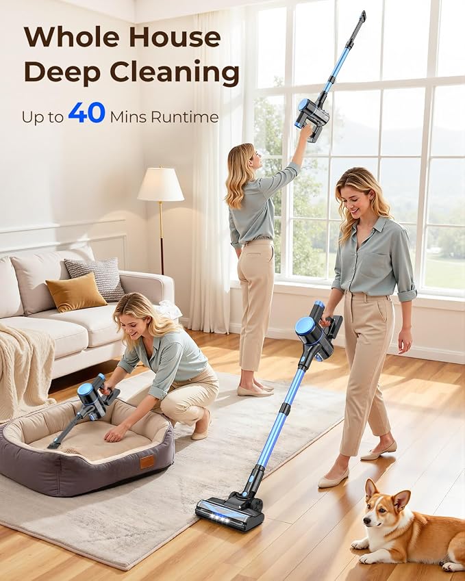 UML0 N8 Cordless Vacuum Cleaner,Lightweight Stick Vacuum with Powerful Suction,2200mAh Battery,40 Mins Runtime, Self-Standing,Rechargeable Vacuum Cleaners for Home Hardwood Floor Pet Hair (Navy)