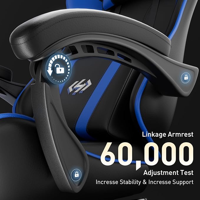 HLDIRECT Gaming Chair, Ergonomic Computer Office Chair with Lumbar Support, Footrest, Headrest, PU Leather, 360° Swivel, Adjustable Height, Metal Frame, 200 lbs Capacity (Black&Blue)