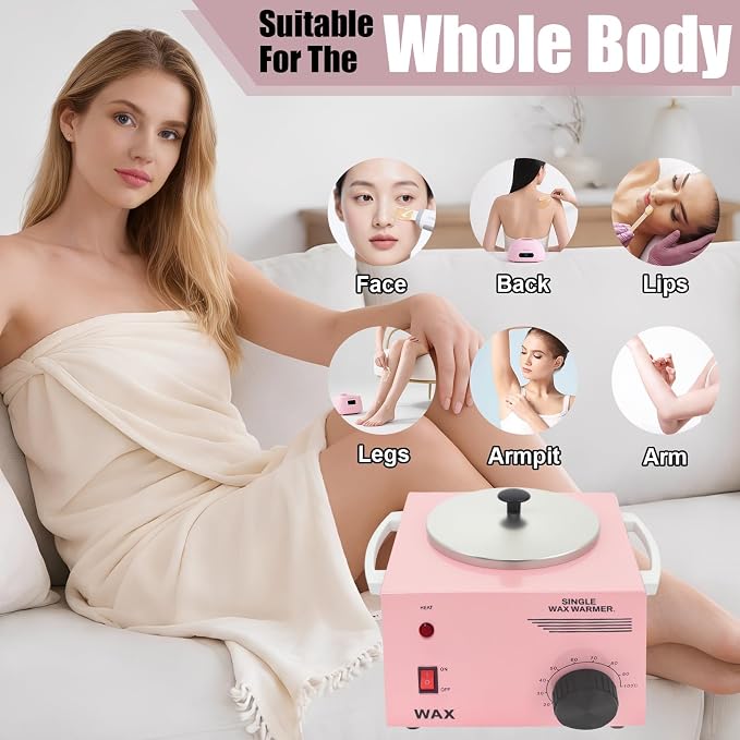 Electric Wax Warmer Machine for Body Hair Removal Hot SPA Aluminum Heater with Wooden Wax Sticks-Single Pot (Pink)