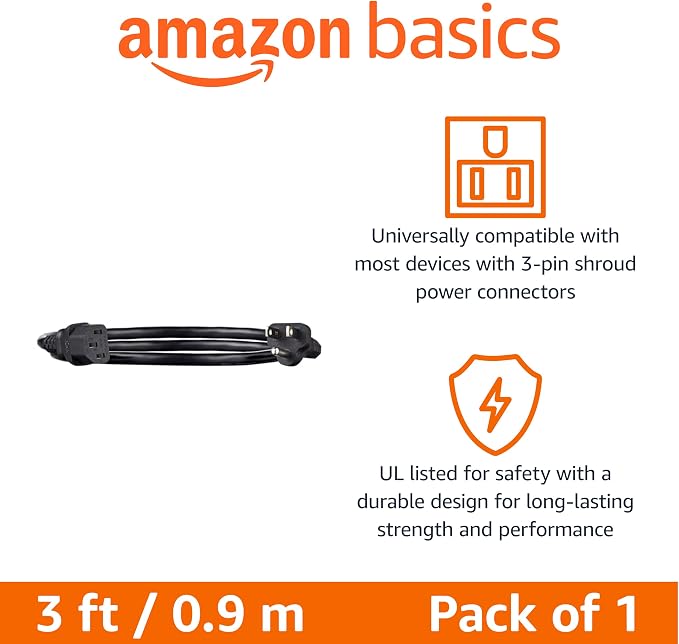 Amazon Basics PC Power Cord, 3 Feet, 3 Prong AC Power Cord for Monitor, Computer, TV, 18 AWG, 125 Volts, Black (Pack of 2)