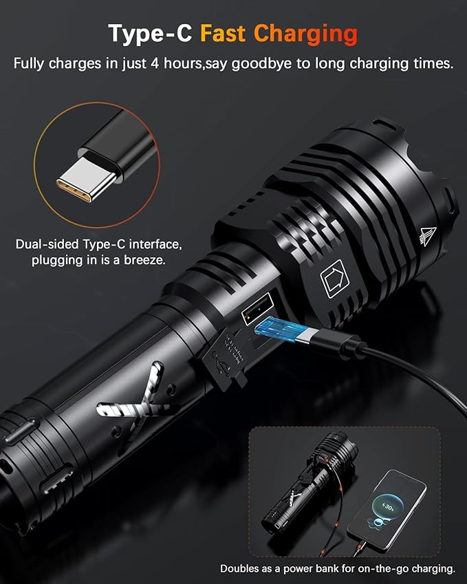 Super Bright Rechargeable Flashlight 2000000 High Lumens Waterproof Tactical Powerful Led Flashlight Battery Powered With 6 Mode Zoomable Fast Charge, Handheld Flashlight For Camping Caving Emergency