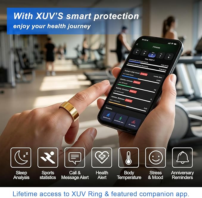 XUV Smart Health Ring for Women, Waterproof Smart Ring with Heart Rate, Silent Vibration Alerts & Reminder, Sleep Fitness Tracker Ring – Ultra-Thin,No App Fee for iOS & Android(Gold, 7)