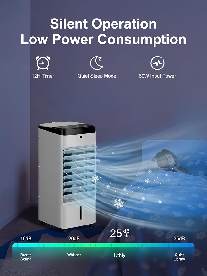 Uthfy 3 IN 1 Swamp Cooler, Portable Air Conditioner with Detachable Water Tank, 6 Ice Packs, 12H Timer, 120° Oscillation, Remote, 3 Speeds, 4 Modes, Evaporative Cooler for Bedroom, Office