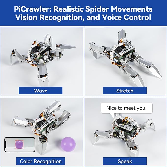SunFounder PiCrawler AI Robot Kit for Raspberry Pi 5/4/3B+/Zero 2W, Openclaw LLMs ChatGPT/Gemini/Grok, Voice&Video Recognition, Python/Scratch, Mic, Camera (RPI NOT Included)