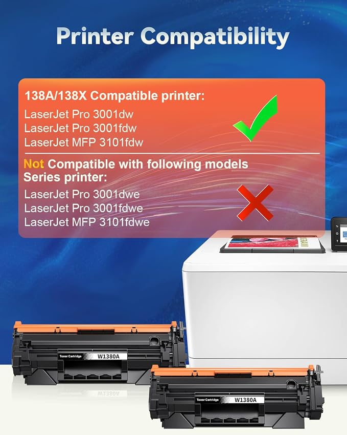 138A Toner Cartridge Replacement for HP 138A 138 A 138X 138 X Toner Cartridge ( with Chip ) Use for HP LaserJet Pro 3001dw 3001fdw MFP 3101fdw (2 Black)