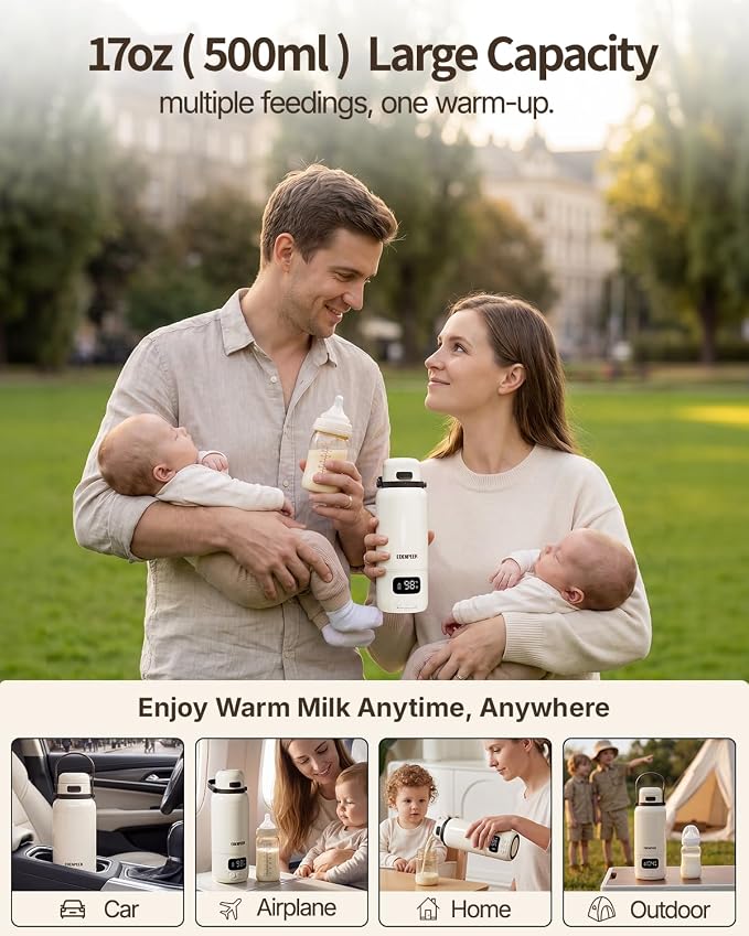 Portable Bottle Warmer for Travel | 3X Faster Heating | 3" Wide Mouth for Easy Cleaning | USB-C & AC Plug-in Power Options | Built-in Sterilizer |Warms Breastmilk & Formula On the Go | 17oz Capacity