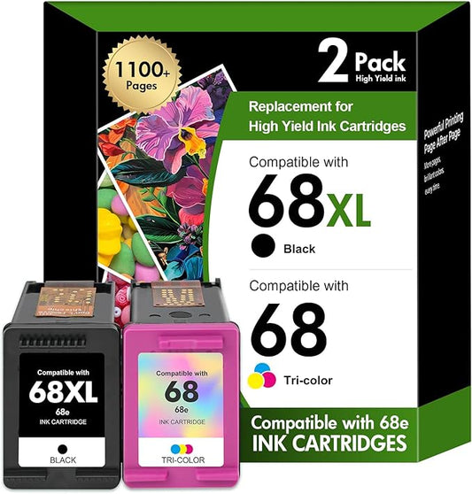 68 XL 6155e 6555e Ink Cartridges Black/Color Combo Pack 68XL 68e for HP68 for HP Printers Envy 6100e 6500e Series 6152e 6165e 6558e 6552e 68 XL (2 Pack 1 Black, 1 Tri-Color)