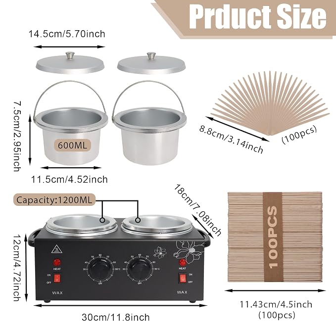 Wax Warmer Double Pot, Professional Electric Heater for Facial, Body, Spa, and Salon, 1.2L Dual Adjustable Temperature with 100 Wooden Craft Sticks, Hair Removal (Black)