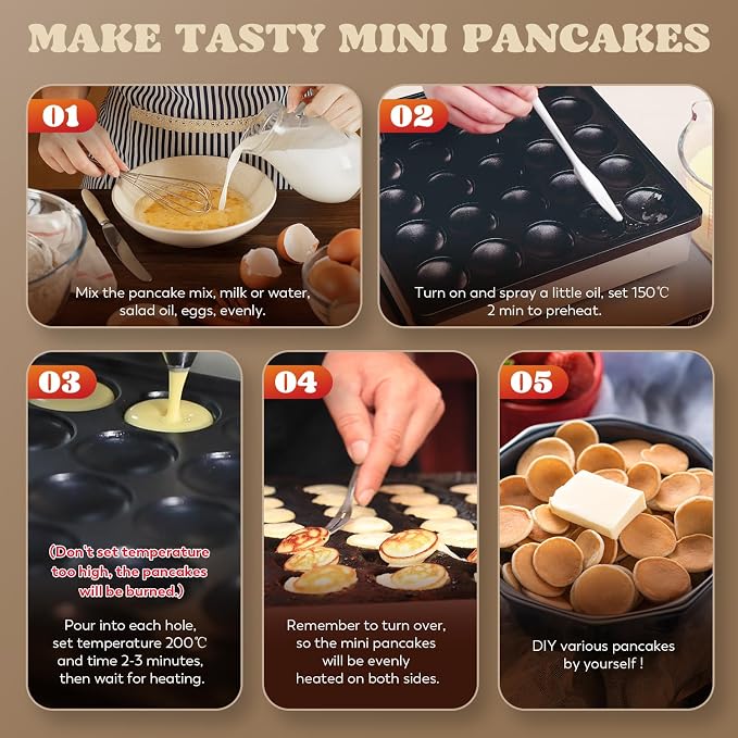 Moongiantgo Mini Pancake Maker Dual Plate 50pcs for Dessert Non-Stick Electric Dutch Pancake Baker Stainless Steel, Poffertjes Dorayaki Machine with Temp&Time Control for Snack Home Restaurant, 110V