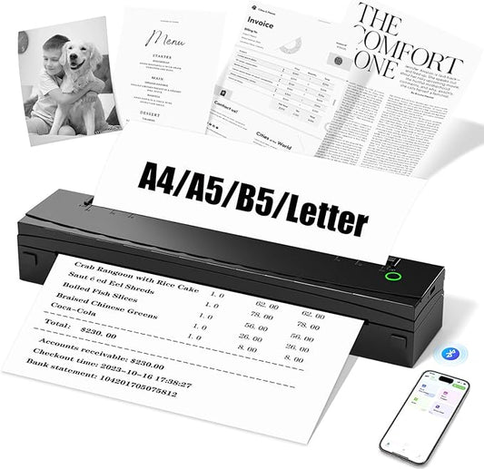 Portable Printer Wireless for Travel, D80 Thermal Printer, Inkless Printers, Compatible with iOS, Android, Laptop, Supports 8.5" x 11" US Letter & A4 & A5 for Home Use, Office, Vehicles, Black