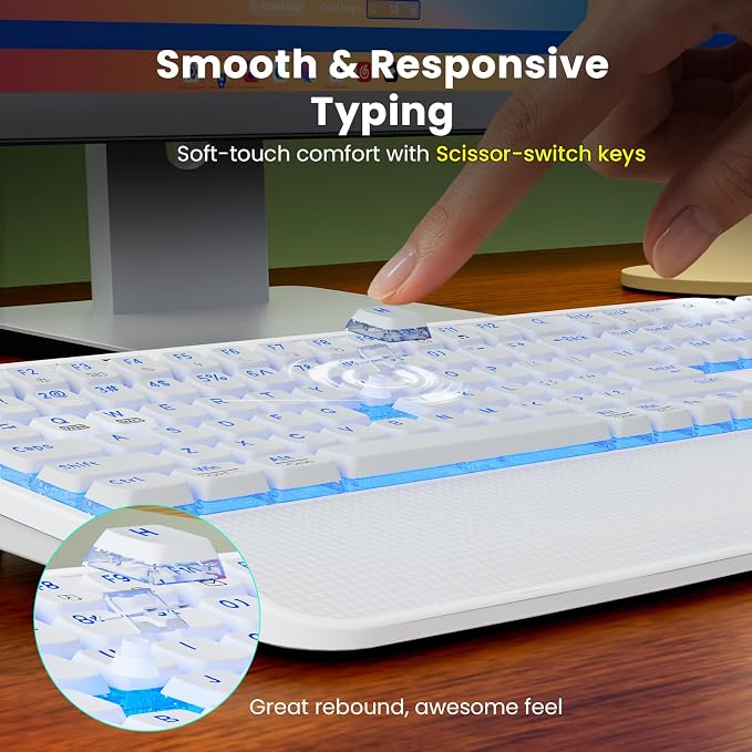 White Keyboard and Mouse Wireless Combo, 4000mAh Rechargeable Backlit Quiet Keyboards mice Set, USB Ergonomic Key Board with Wrist Rest & Phone Holder for PC, Mac, Windows, Natural Soft Typing