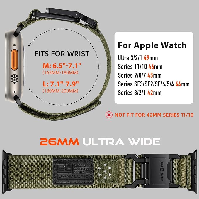 Bandletic Compatible with Apple Watch Bands 49mm 46mm 45mm 44mm for Men - Wide Soft Nylon Sport Strap Wristband with Magnetic Fidlock Hook Buckle for iWatch Series 11 10 9 8 7 6 5 4 Ultra SE 3 2 1