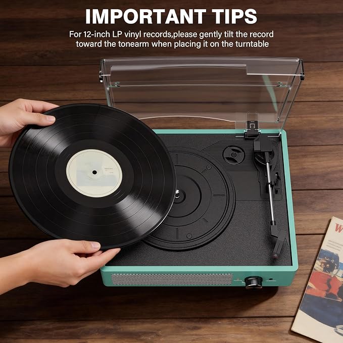 Record Player for Vinyl with 2 Build-in Speakers LP Vinyl Players Belt-Driven Vintage Turntables 3 Speed 3 Size, Wireless Bluetooth Playback, AUX-in, RCA Out, Headphone, Auto Stop,Water Blue