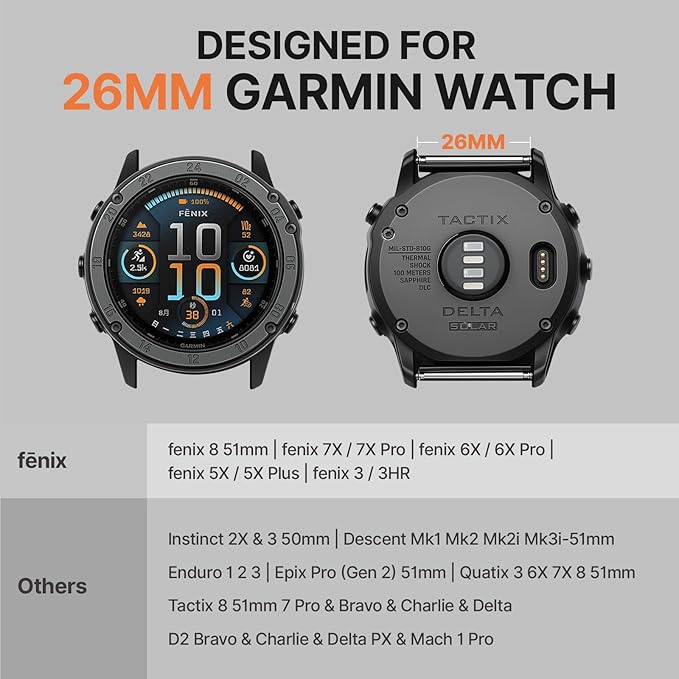 Bandletic Tactical Nylon Compatible with Garmin Fenix 8 51mm 7X 6X 5X Watch Band - 26mm Quick Fit Rugged Strap for Fenix 7X 6X Pro/5X Plus/3/3 HR/Instinct 2X Solar 3 50mm /Enduro/Quatix/Tactix/Epix