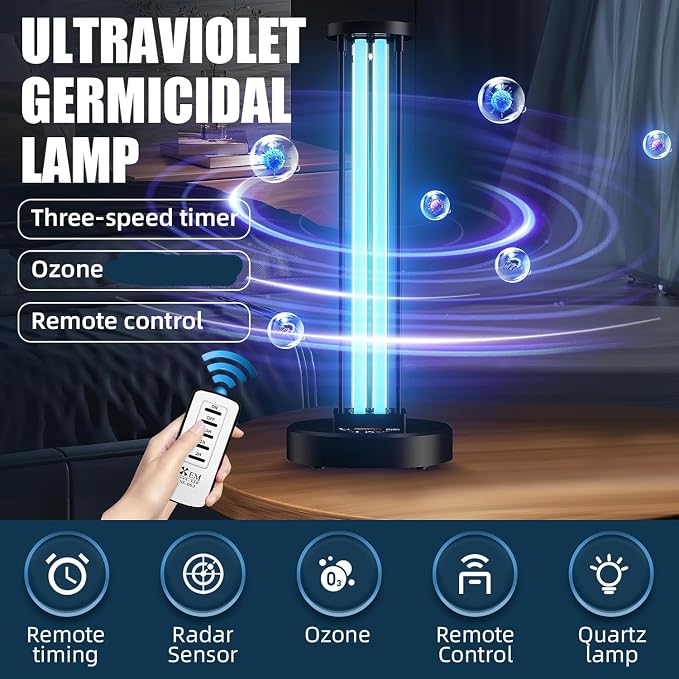 Ultraviolet Germicidal Lamp,110w UV+Ozone Light Sanitizer for Whole Room, 99.99% Sanitization Rate,Three-Step Timing Remote Control, Blue Ligh for Odor Room Home Office School
