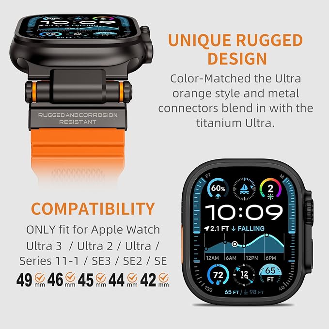 FOAMUNOC Rugged Band Compatible with Apple Watch Ultra 3/2/1 Band 49mm/46mm/45mm/44mm/42mm, Metal Connector with Silicone Strap for iWatch Ultra Series 11/10/9/8/7/6/SE3/SE2/SE/5/4/3/2/1, Orange/Black