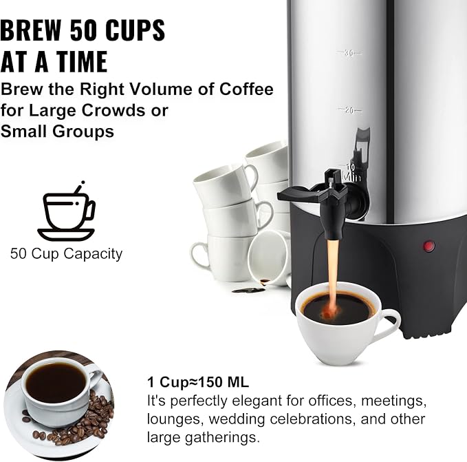 VEVOR Commercial Coffee Urn, 50 Cups/7.5L Stainless Steel Large Coffee Dispenser, 1000W 110V Electric Coffee Maker Urn For Quick Brewing, Hot Water Urn with Detachable Power Cord for Easy Cleaning