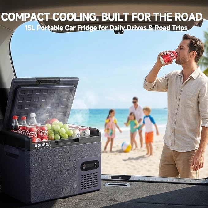 BODEGA 12 volt Car Refrigerator – 16QT Portable， Low Noise, Fast Cooling with LED Display, Multiple Charging Options, Energy-Efficient for Road Trips & Outdoor Adventures