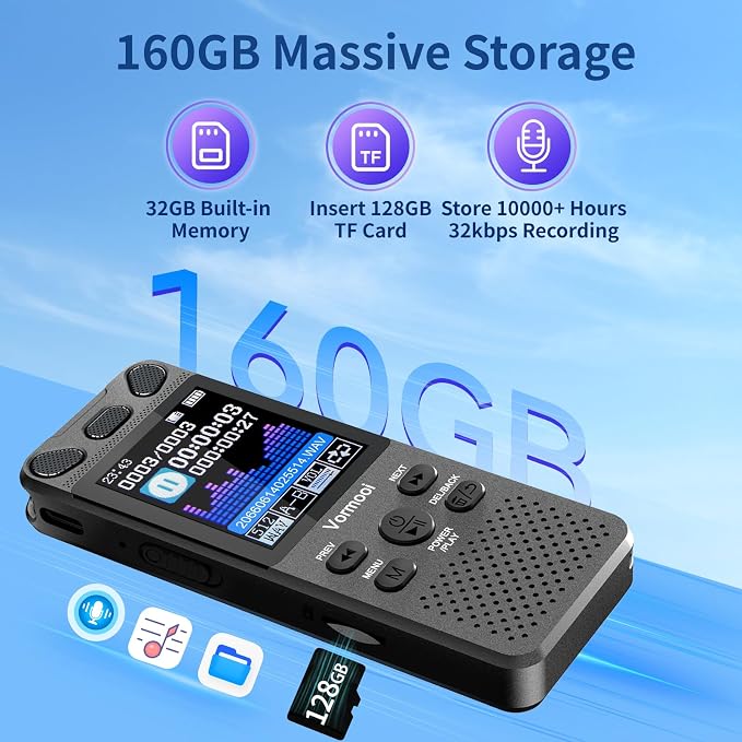 160GB Digital Voice Activated Recorder 110h Battery Time, 2.15" Color Screen Audio Recorder Dictaphone with External Mic, Vormooi USB-C Tape Recorder with Playback for Class Lecture Meeting