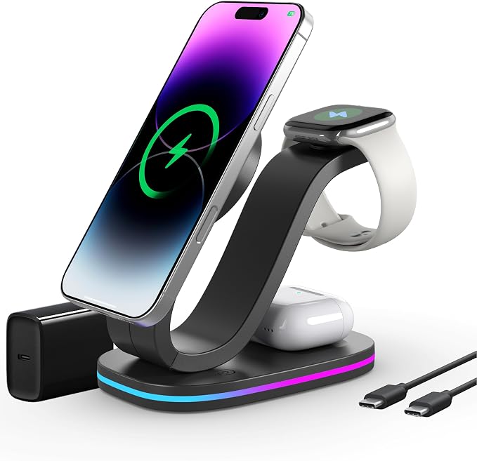 Wireless Charging Station, 2026 Upgraded Fast 15W 4-in-1 Charger Station for iPhone 17/16/15/14/13/12 Series, Watch Airpods 1-8/Ultra, iPad, AirPods, 35W Charger Included White