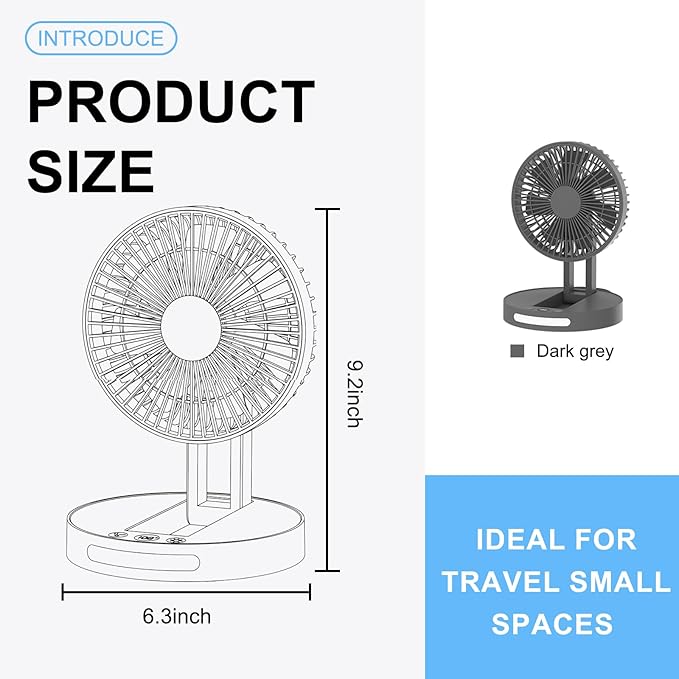 Qoqooice Portable Fan, 3600 mAh Rechargeable Battery Operated Fan with 5 Speeds, USB Powered, Quiet Personal Desk Fan for Office Home, Outdoor, Camping, Travel (Black)