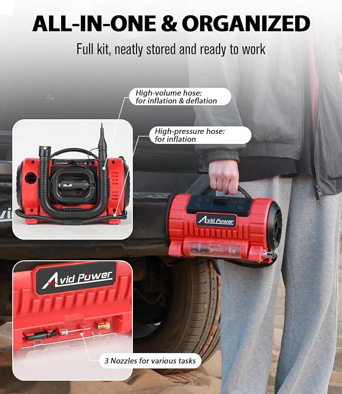 AVID POWER Tire Inflator Portable Air Compressor, 12V DC/110V AC Car Tire Pump with Inflation and Deflation, 5 Preset Modes, Digital LCD Gauge for Car Tires, Bike, and Air Mattress (Dark Red)