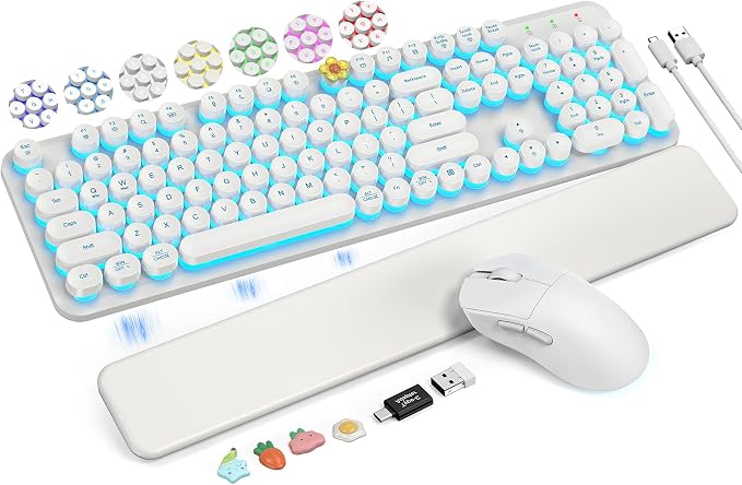 Wireless Keyboard and Mouse Backlit - White Typewriter Keyboard with Magnetic Wrist Rest, Retro Round Keycaps, Light Up Letters, 2.4GHz Cordless Combo for Mac, Windows, PC, Laptop, Trueque [Upgraded]