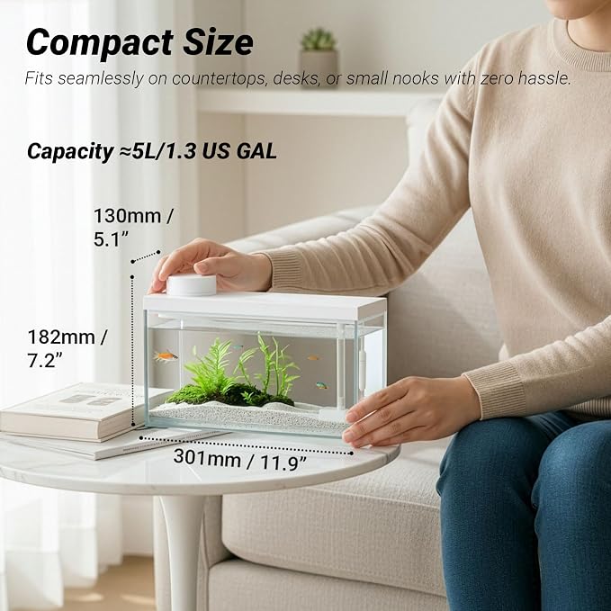 Smart Desktop Aquarium Kit with App Control - 1.3 Gal Small Fish Tank with Automatic Feeder, HD Glass, RGB Lighting, & Temperature Monitor - Self-Cleaning Filtration System for Betta, Guppy