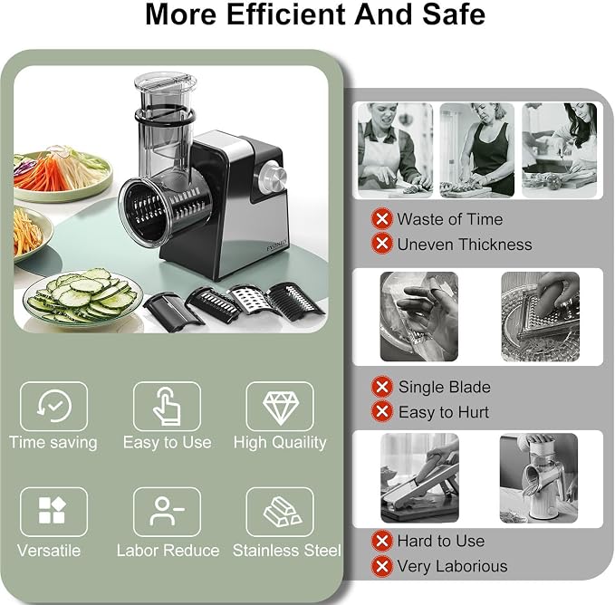 Electric Cheese Grater, 5 in 1 Salad Maker with Stainless Steel Blades, 250W Electric Food Slicer & Shredder, Electric Salad Machine for Cheeses, Fruits, Potatoes, Carrots