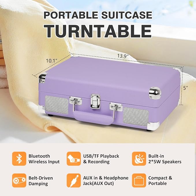 Vinyl Record Player with Built-in Speakers Vintage 3-Speed Portable Suitcase Bluetooth Turntables with USB Recording Belt-Driven LP Player Support AUX/RCA/Headphone Jack, Purple Leather