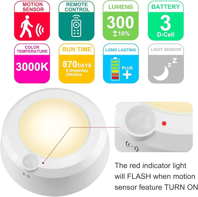LUXSWAY Wireless Ceiling Light with RF Remote and Motion Detector, Cool Warm White Shower Light,Super Bright Battery Ceiling Light Timer for Closet Hallway Stair Gargage 5.67 Inch, 300Lumens