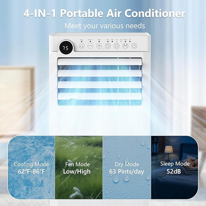 Electactic 8000 BTUs Portable Air Conditioners, 4 in 1 AC Unit Cools 350 Sq.Ft, Air Conditioner Portable with Cool, Fan, Dehumidifier, Auto Drain, 24H Timer/Remote Control/Window Kit