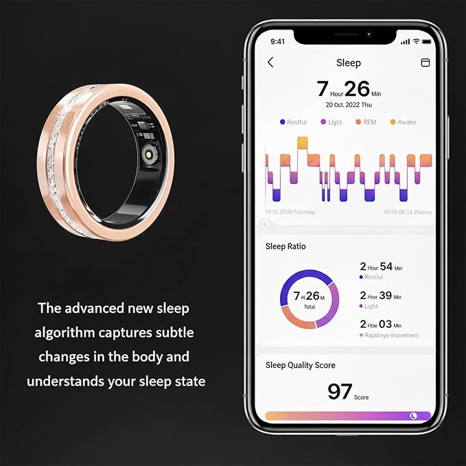 Diamond Smart Ring for Women, Fitness & Vital Signs Monitoring, Sleep Tracker, Remote Photography, No Subscription, Ladies Gift, iOS & Android(Gold,7#)