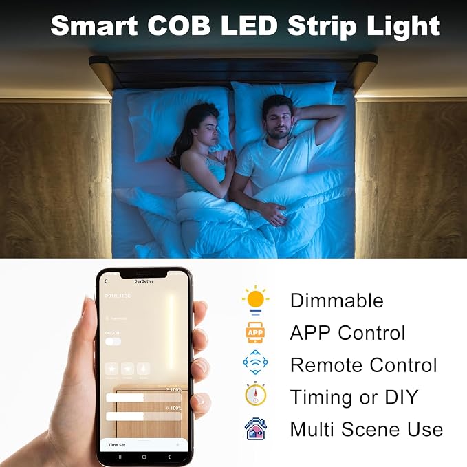 DAYBETTER COB LED Strip Light,LED Lights for Bedroom 16.4ft,Natural White 4000K Dotless LED Light Strip,1600 LEDs Super Bright Dimmable 24V Flexible Tape Lights with Remote,Kitchen,Cabinets Lighting