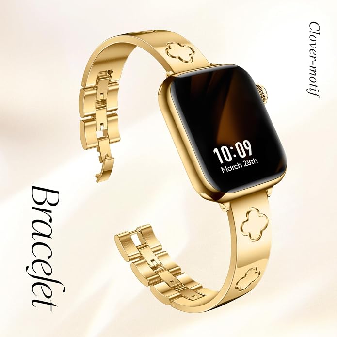 Missair Compatible with Apple Watch Band 38mm 40mm 41mm 42mm 44mm 45mm 46mm 49mm, Four Leaf Lucky Bracelet Women Dressy Stainless Steel Metal Clover Strap for iWatch Series 11 10 9 8 7 6 5 4 SE Ultra