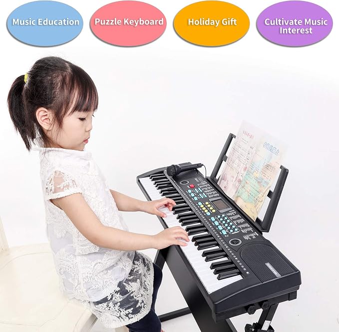 Piano Keyboard, 61 Keys Beginner Electronic Keyboard Portable Digital Music Keyboard, Early Education Music Instrument with Microphone & Music Sheet Stand