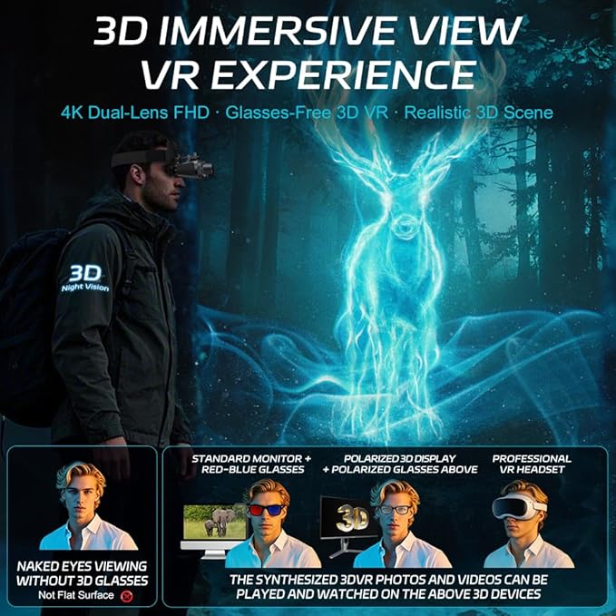 3D VR Night Vision Goggles - Rechargeable Head Mounted Binoculars, Built-in Giant Screen, 4K Video, 24MP Photos, 6X Digital Zoom, Includes 32GB TF Cards